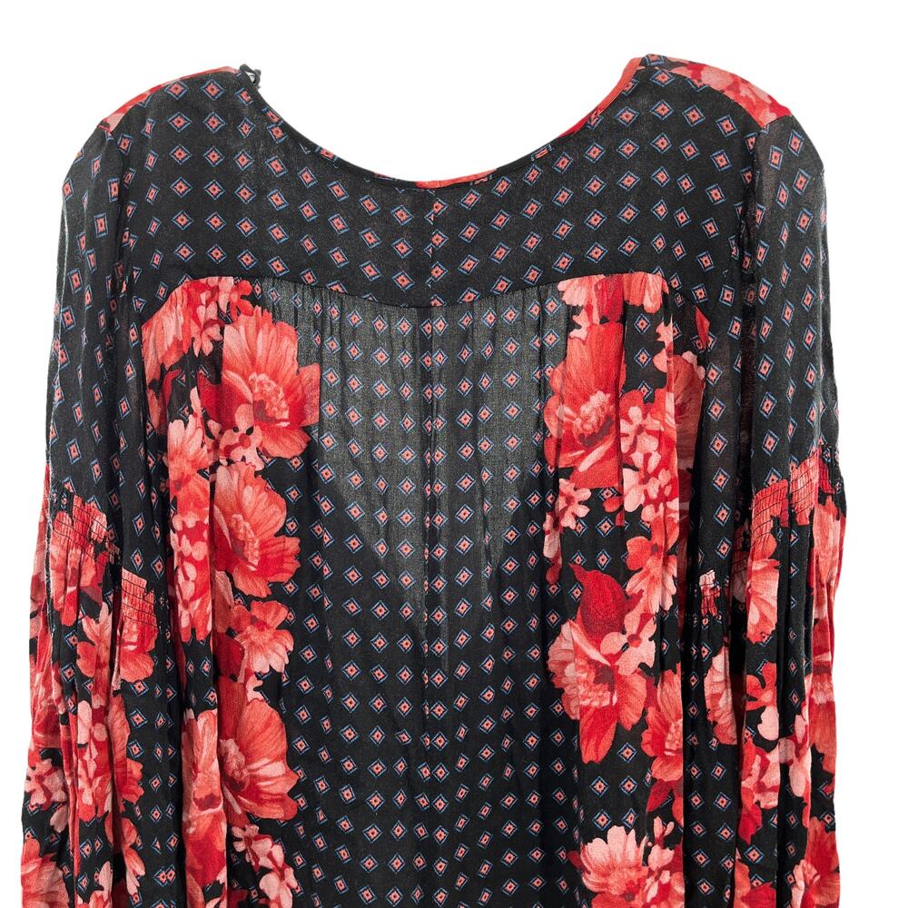 Free People Red Black Long Balloon Sleeve Floral Print V-Neck Boho Top Size XS - Picture 6 of 9